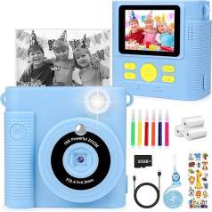 Children's Camera, Instant Camera Digital Camera 1080P 2.4 Inch Screen Video Camera with 3 Rolls of Printing Paper, 32GB Card, 6 Coloured Pens, 4 Stickers, Gifts for 3-12 Years Children (Blue)