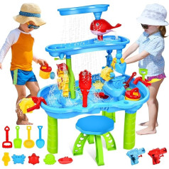 JONRRYIN Sand Wassertisch für Kleinkinder, 3-Tier Kinder Sand Wassertisch Spielzeug, Wasserspieltisch Outdoor Strandspielzeug, Groß Spieltisch Sommer-Wasserspielzeug für Jungen Mädchen 3 4 5 6 7 Jahr