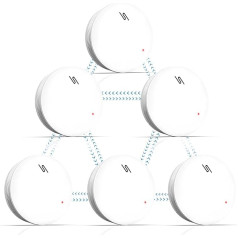 Putogesafe tīkla dūmu detektors, bezvadu dūmu detektors ar 5 gadu akumulatoru, tīkla ugunsgrēka detektors, bezvadu ugunsgrēka detektors, EN14604, 10 gadu kalpošanas laiks, 6 gab. iepakojumā