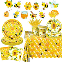 142 gabali Bišu partiju rotājumi Galda piederumi Bumble Bee Theme Party Supplies Happy Honey Bee Vienreizējās Banner galda audums Plāksnes Salvetes Tase Cups Dzimuma atklāšanas bērnu diena