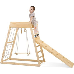 Vidaus žaidimų aikštelė mažylių medinių žaislų rinkinys 7in1 su laipiojimo rėmu, trikampio formos laipiojimo rampa, čiuožykla, sūpynėmis, švediškomis kopėčiomis, laipiojimo rėmu, virvinėmis kopėčiomis, uolų sienos kupolu