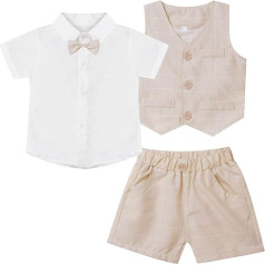 Freebily Children's Baby Boys Suit Gentleman Bow Tie Shirt Vest Shirt Shorts 3-Piece Formal Party Christening Clothing Sets, Beige_A