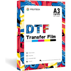 POLYTECH DTF pārneses plēve A3 60 lapas 11 x 17 collu PET plēves siltuma pārneses papīrs Double Matte Direct to Film Epson printeris ET-8550 ET8500 XP15000 L1800 DIY T-kreklu pārnesēm