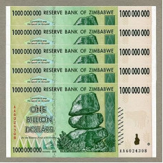 Zimbabve 1 miljards dolāru x 5 gab AA 2008 P83 secīgas UNC valūtas banknotes