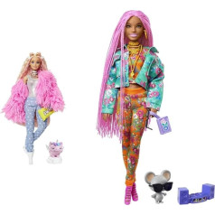 Barbie GRN28 – Extra Doll, Fluffy Pink Coat with Unicorn Piggy, Extra Long Wavy Hair & GXF09 - Extra Doll, Pink Braids in Floral Printed Jacket and Trousers, DJ Pet Mouse