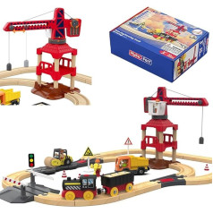 3T6B Wooden Train Set 56PCS, Wooden Train Tracks and Trenes Eléctricos de Juguete, Magnetic Tower Cranes, 360 Degree Rotation, for All Big Brands, Wooden Train Toy for Kids 3+