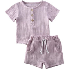 Newborn Baby Toddler Unisex Linen 2 Pieces Short Sleeve Crew Neck T-Shirt Top + Drawstring Shorts Boys Girls Summer Casual Outfits Cotton Clothing Sets