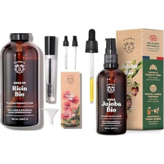 Bionoble Jojoba Oil Organic 100 ml & Castor Oil Organic 100 ml - skropstu, uzacu, matu, bārdas, nagu - vegāniska un nekaitīga - Rīcineļļa - stikla pudele + pipete + sūknis + tušas komplekts