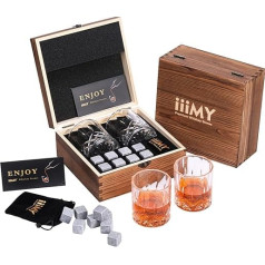 iiiMY Whiskey Steine Geschenkset - 2 Whisky Gläser mit 8 Whiskey Granit Steine, Holz Geschenkbox - Weihnachtsgeschenke für Papa