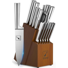 imarku Knife Block, 15-Piece Japanese Stainless Steel Knife Block with Knife, Dishwasher Safe Knife Set with Sharpener, Super Sharp Kitchen Knife Set for the Kitchen, Brown