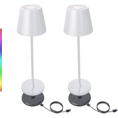 FUYO 2 galda lampu komplekts, bezvadu, ar iespēju regulēt apgaismojumu, 8 krāsas, LED akumulatora galda lampa, ar USB uzlādes staciju, āra IP54 ūdensnecaurlaidīga galda lampa dārzam, ēdamgaldam, guļamistabai, viesnīcai (balta)