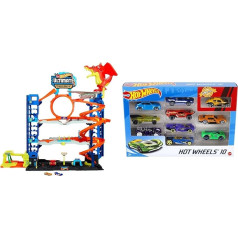 Hot Wheels Ultimative Garage - Mehrere Ebenen Parkgarage & 54886-1:64 Die-Cast Auto Geschenkset, 10 Spielzeugautos, zufällige Auswahl, Spielzeug Autos ab 3 Jahren, 10er Pack, Mehrfarbig