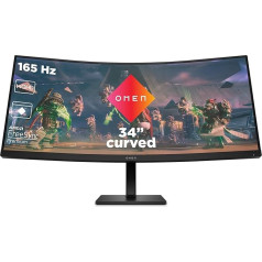 HP OMEN 34c spēļu monitors - 34 collu ekrāns, WQHD displejs, 165 Hz, AMD FreeSync Premium, 1 ms reakcijas laiks, 2x HDMI 2.0, Display Port 1.4, audio izvade, izliekts, melns