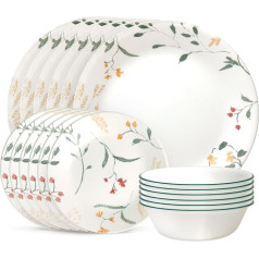 Corelle Vitrelle 18 gabaliņu stikla pusdienu komplekts 6 personām, trīskāršs, izturīgs pret šķembām un plaisām, stikla šķīvju un bļodu komplekts, Wildflower