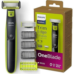 Philips OneBlade Face + Body, Trimmen, Stylen, Rasieren, Für jede Haarlänge, Je 1 x Klinge für Gesicht und Körper, 4 Aufsätze (Modell QP2620/16) Black