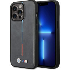 CG MOBILE BMW telefona futrālis iPhone 14 Pro, pelēks, stepēts, ar vidējām trīskrāsainām līnijām, PU āda, M kolekcija, gluds aizsargvāciņš ar vieglu aizdares aizdares mehānismu, amortizē triecienu un