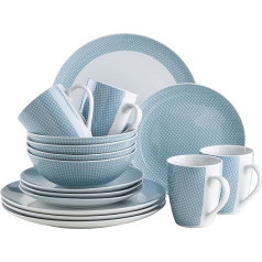 MÄSER Kitchen Time II pusdienu servīze 4 personām, 16 daļu pusdienu servīze pasteļkrāsāsās ar smalku rakstu, porcelāns, zils