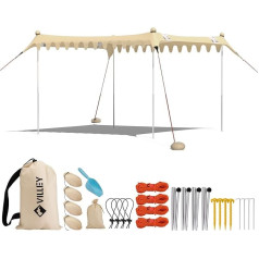 VILLEY Sun Tent 3 m x 3.3 m Lycra Beach Tent Khaki, UV Protection UPF50+ Sun Protection Beach 6 Person Tent, Parasol Beach with Sandbag and 4 Support Poles for Picnic, Fishing, Sun Protection