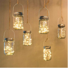 ZQX Saules dārza apgaismojums, Saules Mason Jar Lights, iekštelpu āra piekaramais lukturis, IP65 ūdensizturīgs stikla string Lights dārzam, terasei, pagalmam, ballītei - silti balta, 6 gab. iepakojums