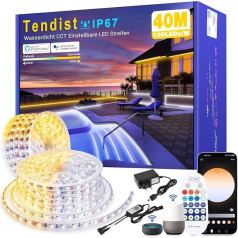 TENDIST LED lente 40 m ārtelpā no silti baltas līdz auksti baltai, IP67 ūdensizturīga LED lente, saderīga ar Alexa Wifi lietotni un tālvadības pulti, 24 V ārtelpā, pašlīmējoša LED lente dārzam, virtuvei