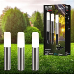 BRILONER - Connect to Shine 12 V dārza sistēmas 3 LED mietiņu komplekts ar zemes smailes pagarinājuma komplektu IP44 Silti balta gaisma Dārza apgaismojums Ceļu apgaismojums 36,5 x 4 cm Sudraba krāsā