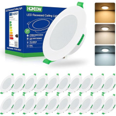 HOMEOW LED Einbaustrahler 230V 7W, LED Spot Einbauleuchten 600LM IP44, Warmweiß 2700K, Neutralweiß 4000K und Kaltweiß 6000K, Deckenspots 75-90mm EinbauØ, 24mm Ultra Flach, Nicht Dimmbar, 20er Set