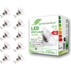 greenandco® CRI90+ LED prožektors aizstāj 60 W GU10 halogēna prožektoru, 7W 510 lūmenu 3000K silti balts SMD LED prožektors 36° 230V maiņstrāvas stikls ar aizsargstiklu, nav dimmējams, nemirgo.