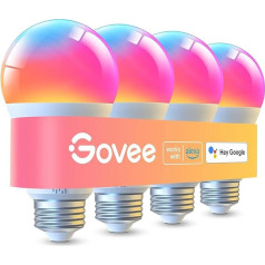 Govee viedā spuldze E27, 1000LM RGBWW LED lampas ar aplikāciju, Wi-Fi un Bluetooth viedās spuldzes, 75 W, 54 scenāriji, 16 miljoni DIY krāsu, darbojas ar Alexa un Google Assistant, 4 gab. komplektā