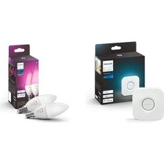 Philips Hue White & Color Ambiance E14 LED spuldzīte, 2 spuldzes, komplektā ietilpst Hue Bridge, regulējama, līdz 16 miljoniem krāsu, kontrolējama ar lietotni, saderīga ar Amazon Alexa (Echo Echo Dot)