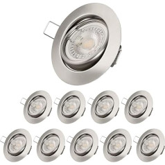 EDISHINE LED prožektori ar regulējamu apgaismojumu, 10 gabali, LED iebūvējamie prožektori, plakani 230 V, 3000 K, regulējami, 68 mm, silti balti iebūvējamie gaismekļi, grozāmie prožektori, griestu gaisma, 350 lūmeni, nomaiņa