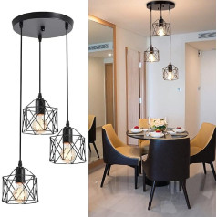 Depuley Piekaramā lampa Vintage 3 spuldzes LED, retro piekaramā lampa ar E27 ligzdu, melna, piekaramā lampa ar rūpniecisku dizainu, regulējama piekaramā lampa ēdamistabai, guļamistabai, spuldze nav iekļauta komplektā