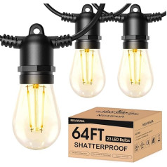 NIUAWASA Pasaku Lights Outdoor 64 ft LED 19,5 m āra Dimmable 20+3 Shatterproof S14 Plastmasas spuldzes Apgaismojums Hanging Warm White Waterproof for Cafe Bistro Porch Gazebo Garden Patio