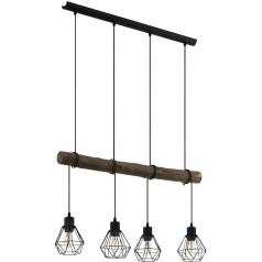 EGLO Horningtops piekaramais gaismeklis, 4 spuldzes, vintage, industriāls, retro, tērauds un koks, ēdamgaldiņa lampa, dzīvojamās istabas lampa, piekaramais gaismeklis, melns, dabīgs, E27 ligzda, L 71 cm