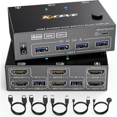 USB 3.0 KVM slēdzis 2 datoriem 2 monitoriem, HDMI KVM slēdzis diviem monitoriem ar EDID funkciju, atbalsta 4K @ 60Hz, koplietošanas monitora peles tastatūra klēpjdatoram, datoram, PS5, Xbox