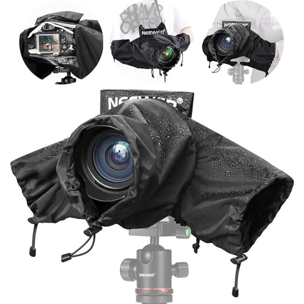 NEEWER Camera Rain Cover, Heavy Duty Nylon Raincoat Compatible with Mirrorless Canon Sony Nikon Fujifilm DSLR Vlog Camera and 24-70mm/16-35mm Lens with Sleeves, Drawstring, Viewing Window, PB008