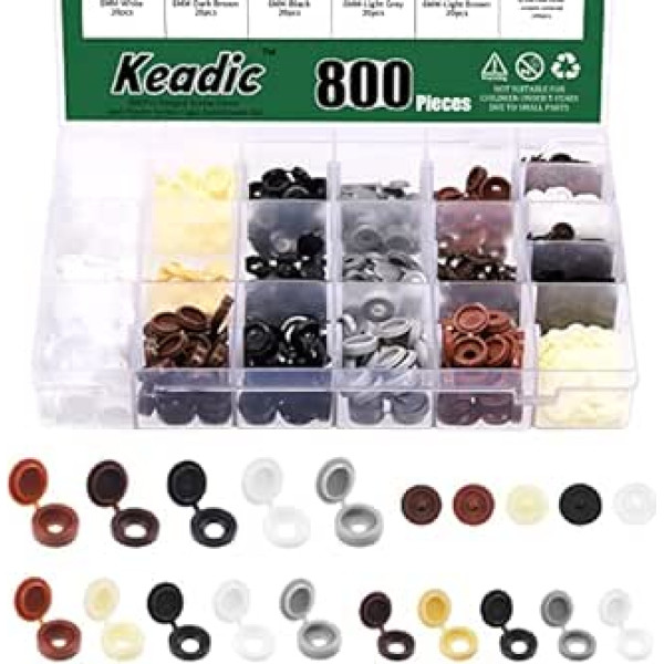 Keadic 800Pcs 20 veidu ūdensnecaurlaidīgi plastmasas skrūvju vāciņu pārsegi Komplektā ietilpst skrūvju skrūvju skrūvju skrūvju skrūvju vāku un paplākšņu vāciņu pārsegi un paplāksnes Flip Tops eņģes skrūvju vāciņi mēbeļu skapjiem