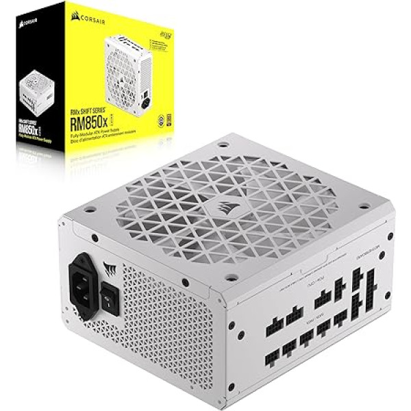 Corsair RM850x Shift pilnībā modulārs ATX barošanas bloks - modulāra sānu saskarne - ATX 3.0 un PCIe 5.0 saderīgs - nulles ātruma ventilatora režīms - 105°C kondensatori - 80 Plus Gold efektivitāte - balts