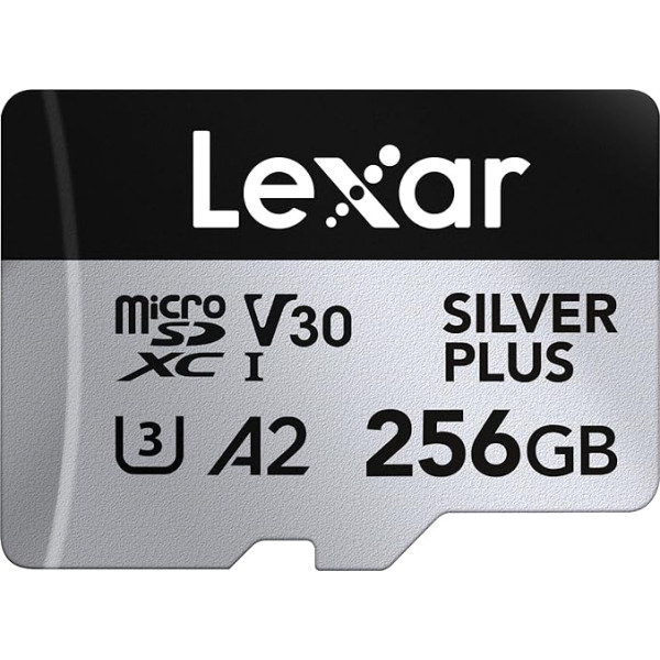 Lexar Silver Plus Micro SD karte 256 GB, līdz 205 MB/s lasīšanas ātrums, 150 MB/s rakstīšanas ātrums, atmiņas karte Micro SD ar SD adapteri, UHS-I, A2, U3, V30, 10. klase, 4K UHD microSDXC