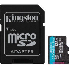 Kingston Canvas Go! Plus microSD 10. klases, UHS-I 128GB microSDXC 170R A2 U3 V30 atmiņas karte + adapteris