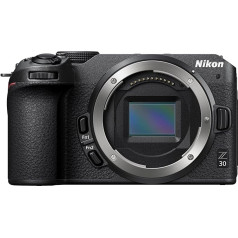 Nikon Z 30 korpuss (20,9 MP, 11 kadri sekundē, hibrīda autofokuss ar fokusa asistentu, ISO 100-51 200, 4K UHD video ar garumu līdz 125 minūtēm), melns