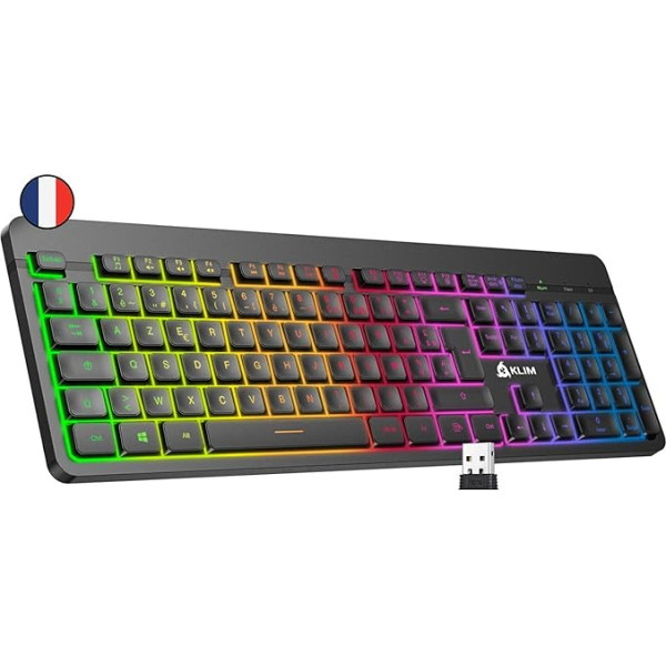 KLIM Light V2 bezvadu AZERTY tastatūra + plakana, ergonomiska, smalka, ūdensizturīga, klusa + apgaismota spēļu tastatūra PC Mac PS4 Xbox 1 + integrēta baterija ar ilgu darbības laiku