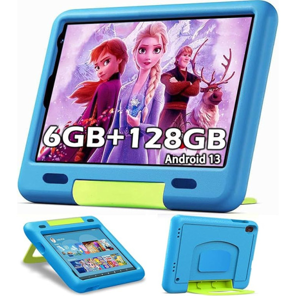 Bērnu planšetdators 9 Zoll, planšetdators bērniem 6GB RAM+128GB ROM+1TB, 1280 x 800 HD+ IPS Android 13 Kids Tablet mit Quad Core 1.8Ghz, KIDOZ Vorinstalliert, WiFi, Bluetooth, Doppelkamera (Blau)