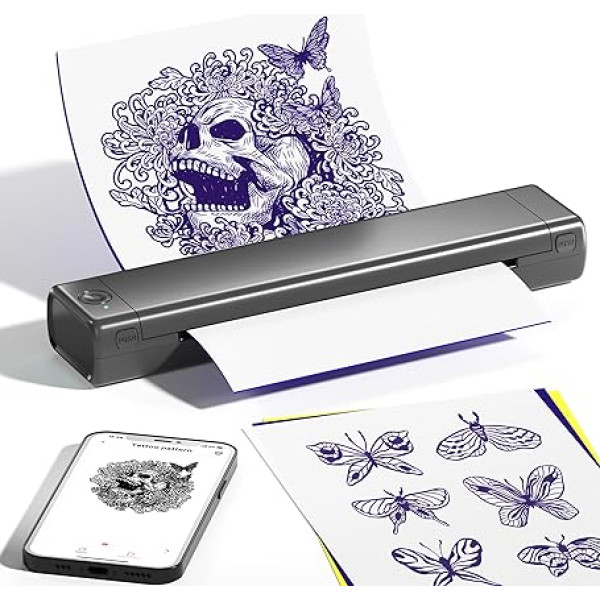 ItriAce M08F Tattoo-Schablonendrucker, kabelloser Bluetooth-Tattoo-Thermodrucker ohne Tinte, mit 10 Blatt Transferpapier für Tattoo-Künstler, Kompatibel mit Android, iOS und Laptop, Grau