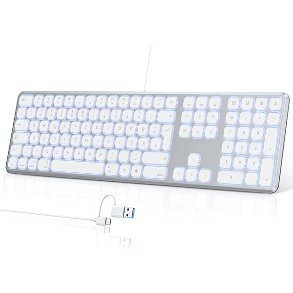 TECURS Mac tastatūra Vadu klusā PC tastatūra ar apgaismotu QWERTZ vācu MacBook tastatūra ar multimediju, USBA/USB-C adapteris, saderīga ar Mac OS/iOS, iMac/MacBook Pro/Air, sudraba un balta krāsā