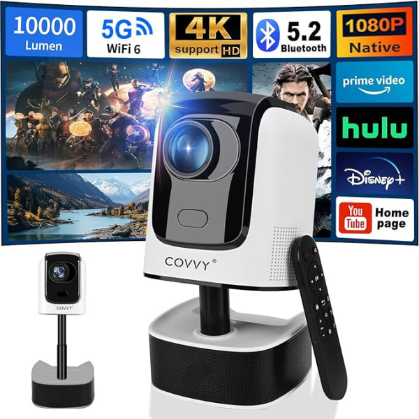 COVVY einziehbarer Projektor mit Schwenk-/Neigefunktion,Full HD 1080P Heimkino-Videoprojektoren mit WLAN und Bluetooth,unterstützt 4K,tragbares Outdoor-Heimkino für Phone/Tablet/PC/TV-Stick(Weiß)