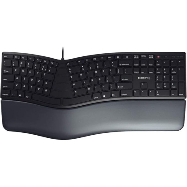 CHERRY KC 4500 ERGO Ergonomiskā tastatūra, ES izkārtojums (QWERTY), vadu, polsterēta plaukstas locītavas balsts ar atmiņas putām, izliekta tastatūra, melna