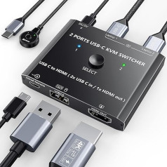 USB-C uz HDMI pārslēdzējs 4K @ 60Hz, 2 portu C tipa + 1 HDMI pārslēdzējs 2 klēpjdatoriem, 1 HDMI monitoram un USB ierīcēm, 2 USB C ievadi + 1 HDMI izeja, adaptīvais EDID, USB 2.0, ar kabeļa tālvadības pulti un USB C