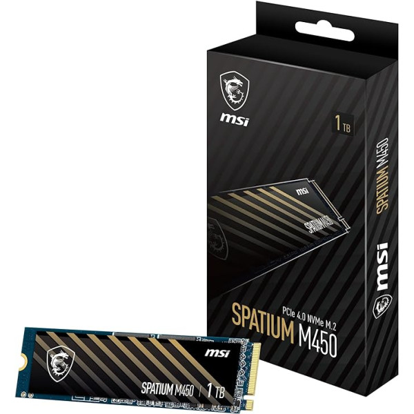 MSI SPATIUM M450 SSD 1TB - PCIe 4.0 NVMe M.2 Internal Solid State Drive, 3600MB/s Read & 3000MB/s Write, 3D NAND, Integrated Data Security, Centre - 5 Year Warranty (600 TBW)