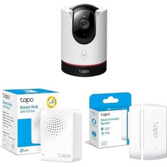 TP-Link Tapo 360° iekštelpu novērošanas kamera + kontakta sensors (Tapo C225 + Tapo H100 + Tapo T110). Kamera rotē ap kontakta sensoru, piedāvā reāllaika straumēšanu, tiklīdz sensors to pamana.