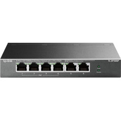 TP-Link TL-SF1006P 6 portu Fast Ethernet PoE komutators ar 4 PoE+ pieslēgvietām (67 W, ekranēti RJ-45 porti, 250 m pārraides pārklājums pagarinājuma režīmā, Plug and Play uzstādīšana, bez ventilatora) Melns